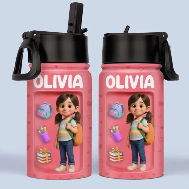 Two pink water bottles with a character and 'OLIVIA' text on a light blue background