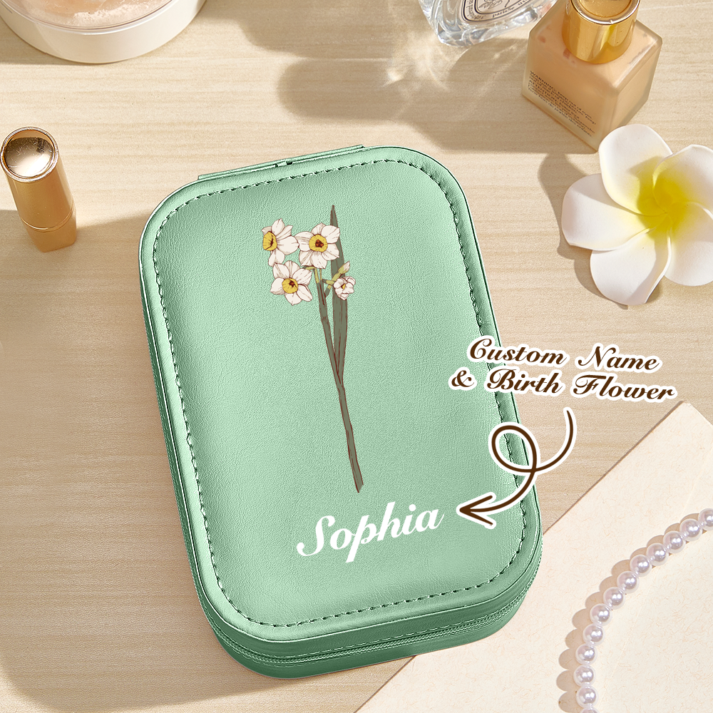 Personalized Birth Flower PU Leather Jewelry Box with LED Makeup Mirror Birthday Gift for Her - furevermama