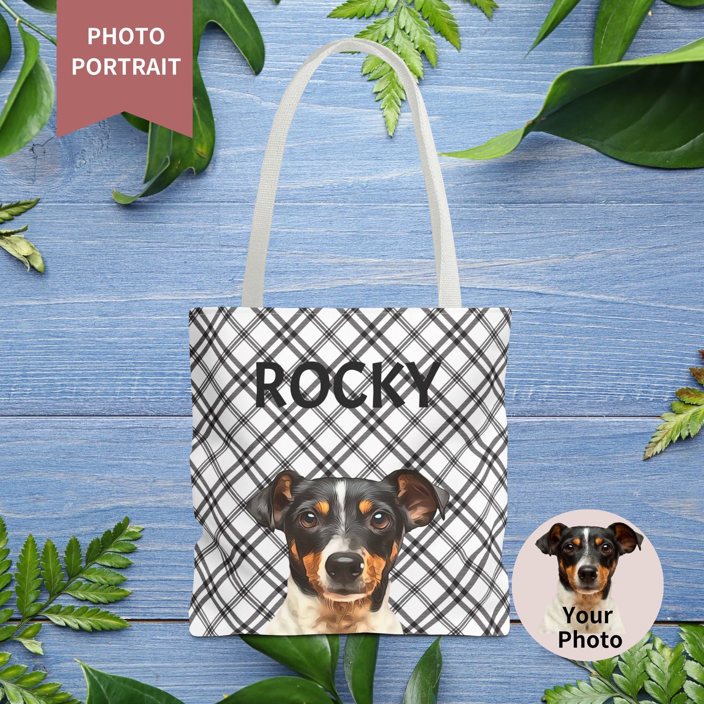Custom Pet Portrait Checked Tote Bag - furevermama