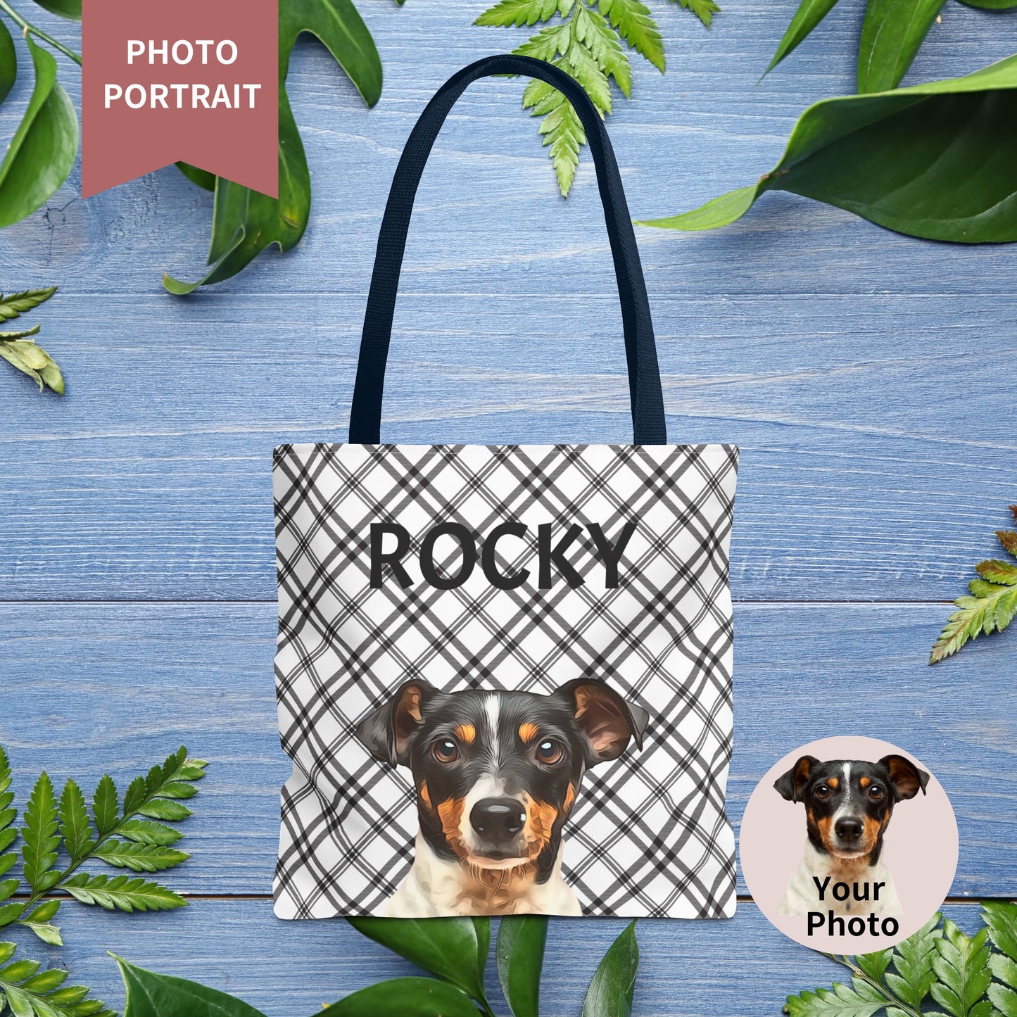 Custom Pet Portrait Checked Tote Bag - furevermama
