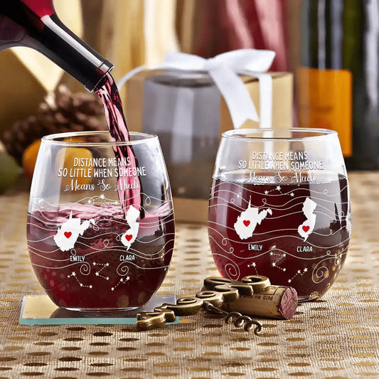 Long Distance Family Bestie Never Too Far To Drink - Personalized Stemless Wine Glass - furevermama