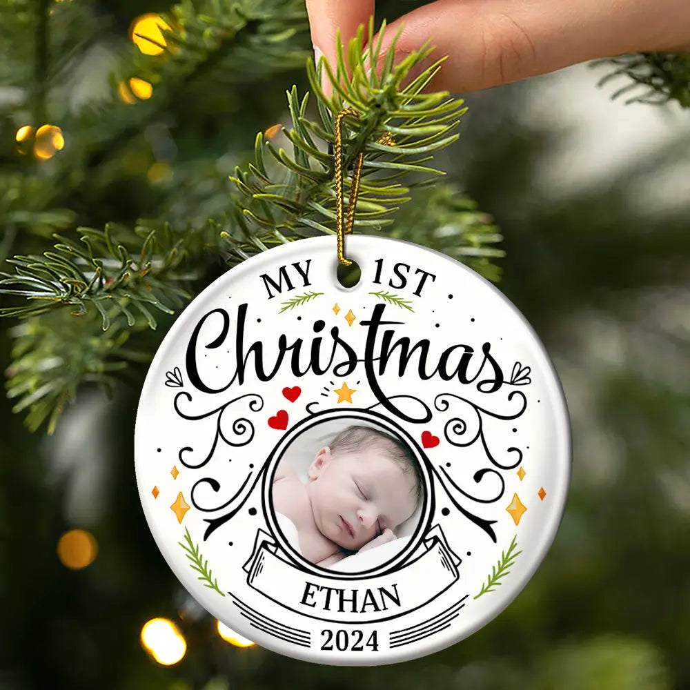 Custom Photo Baby First Christmas Parents - Personalized Circle Ceramic Ornament - furevermama
