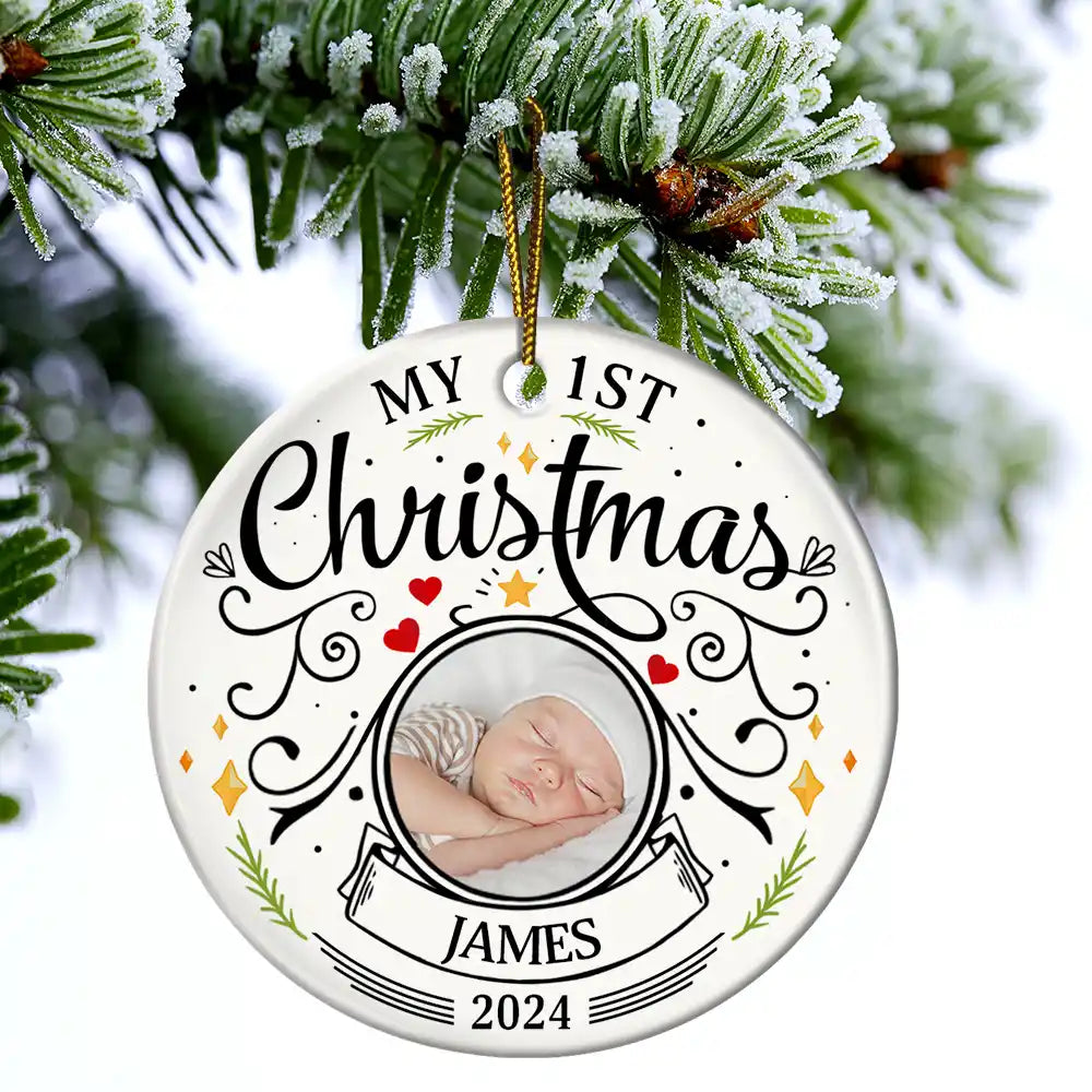 Custom Photo Baby First Christmas Parents - Personalized Circle Ceramic Ornament - furevermama