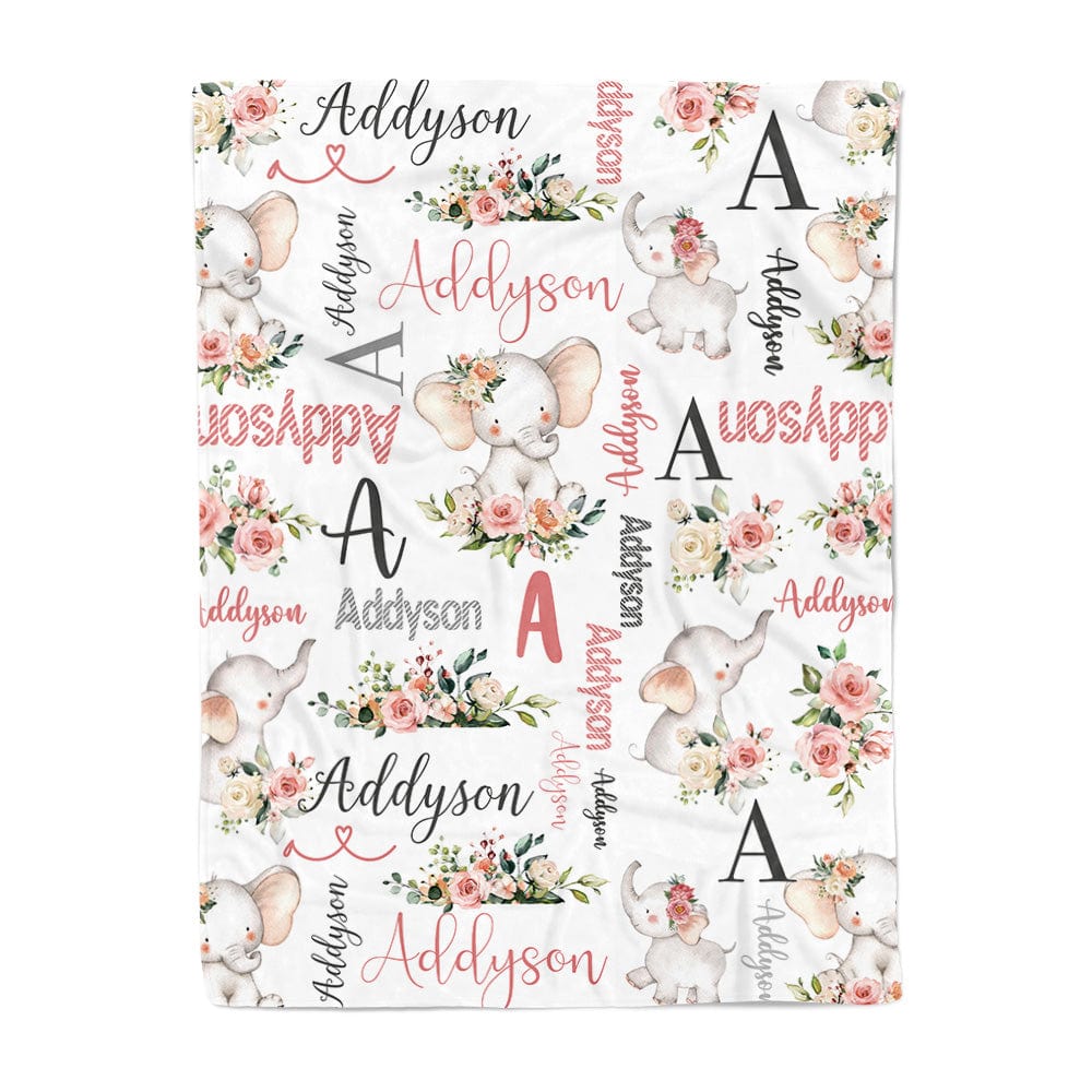 Custom Floral Cute Elephant Blanket with Name