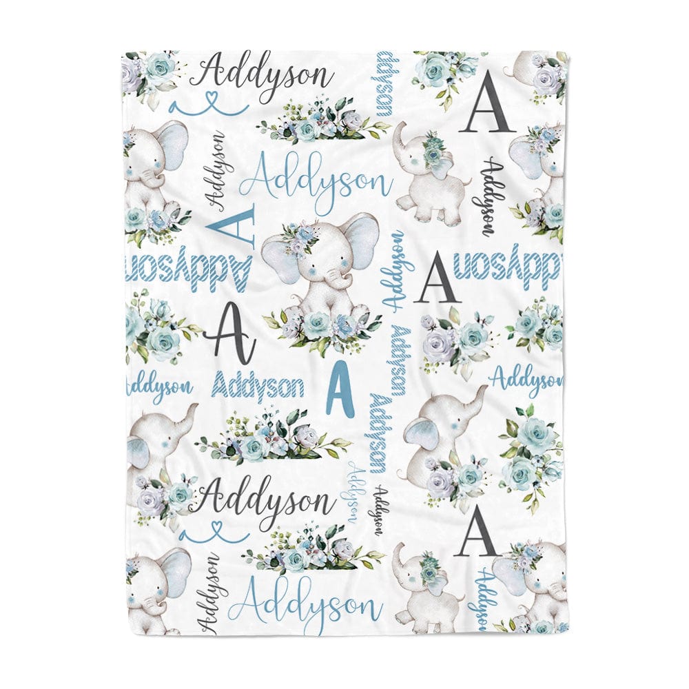 Personalized blanket with elephant and floral patterns and the name 'Addyson'.