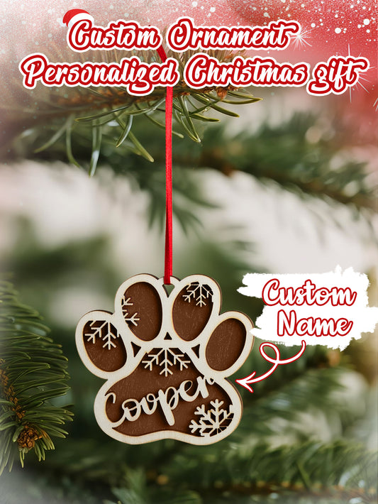 Personalized Name Paw Shape Wooden Ornament - Pet Lover Christmas Gift
