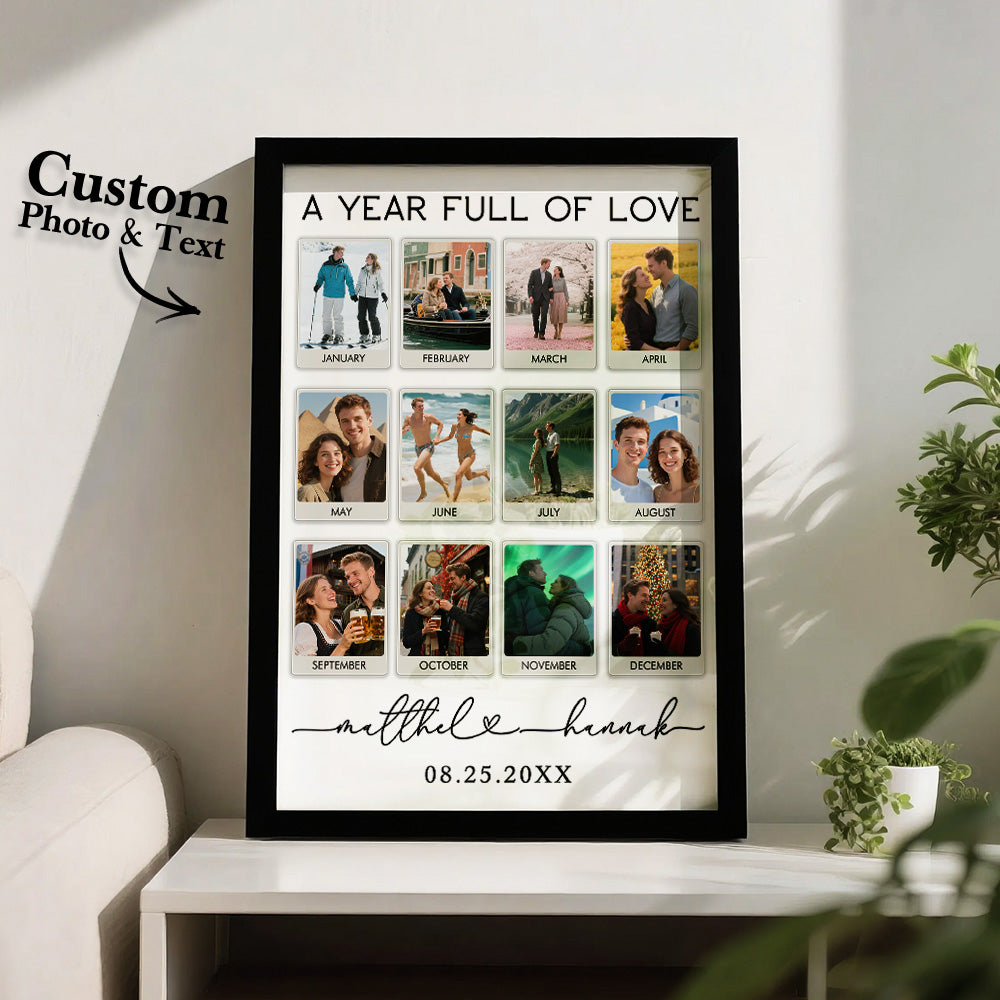Framed collage with monthly photos and text on a wall