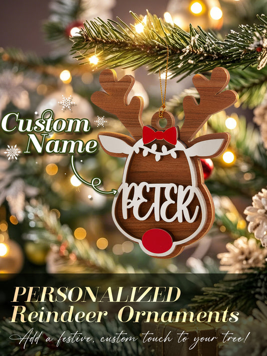 Personalized reindeer ornament with customizable name on a Christmas tree background