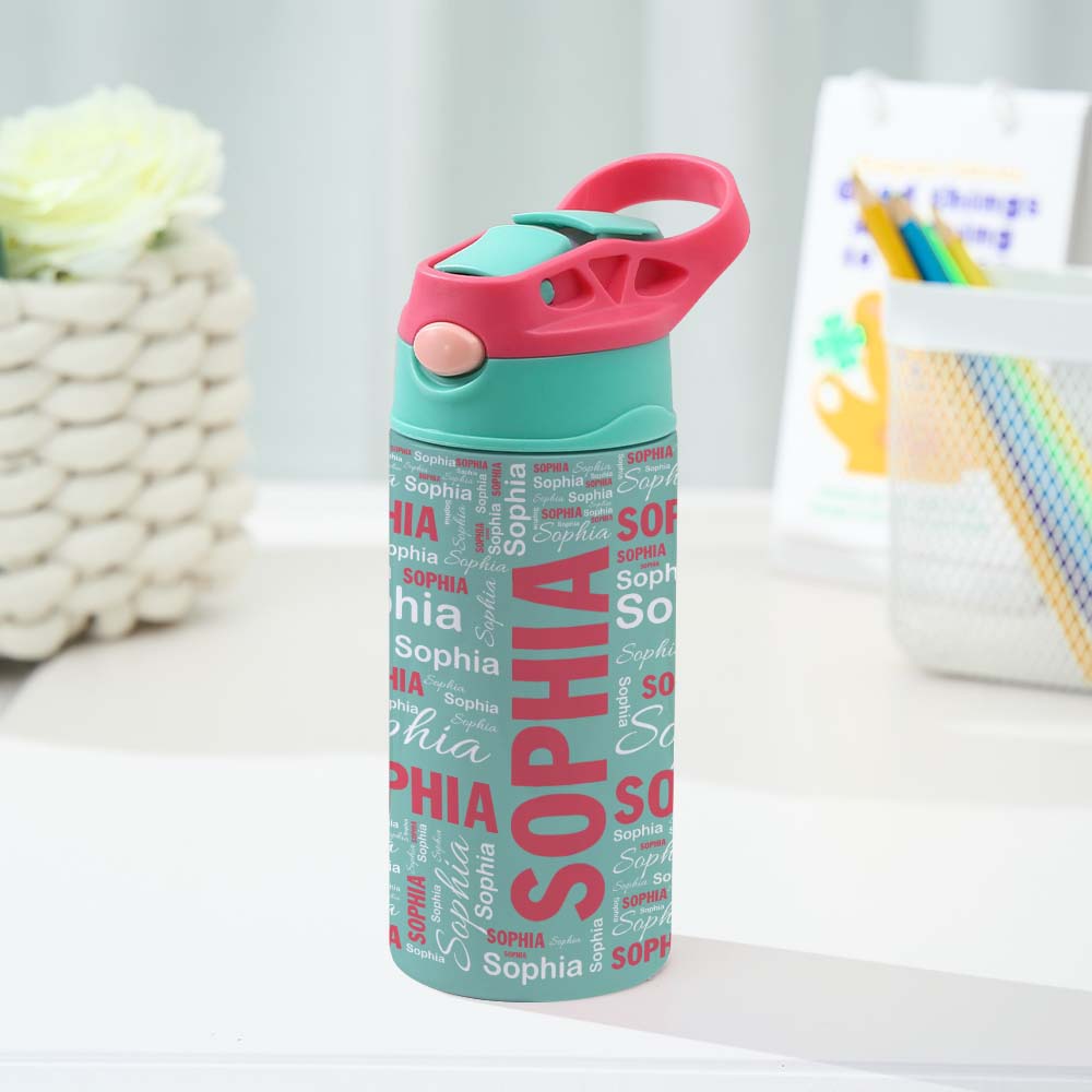 Personalized water bottle with 'Sophia' text on a white surface