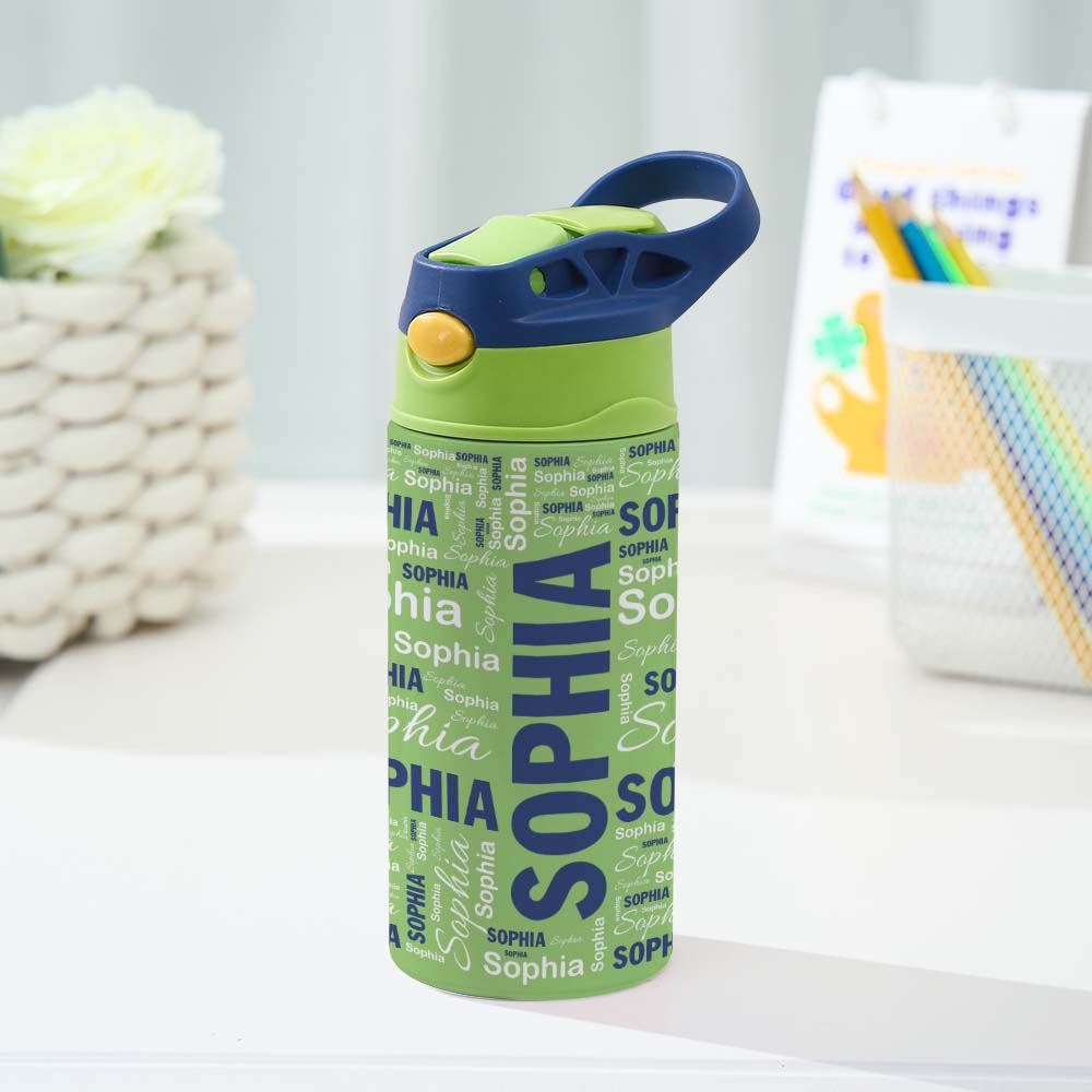 Green water bottle with 'Sophia' text on a white surface