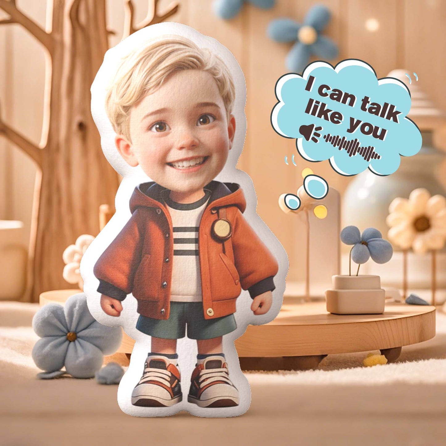 Cardboard cutout of a child with a speech bubble saying 'I can talk like you' in a cozy room setting.