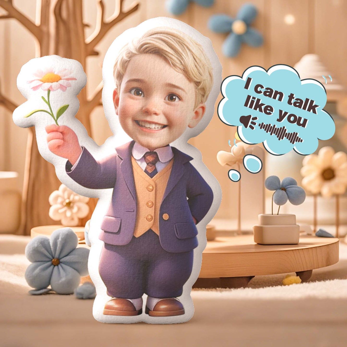 Cartoon character in a suit holding a flower with a thought bubble saying 'I can talk like you'.
