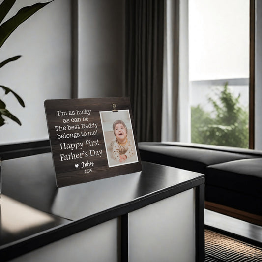 Lucky Baby And First Father's Day - Personalised Horizontal 7" x 6" Wood Photo Frame - furevermama