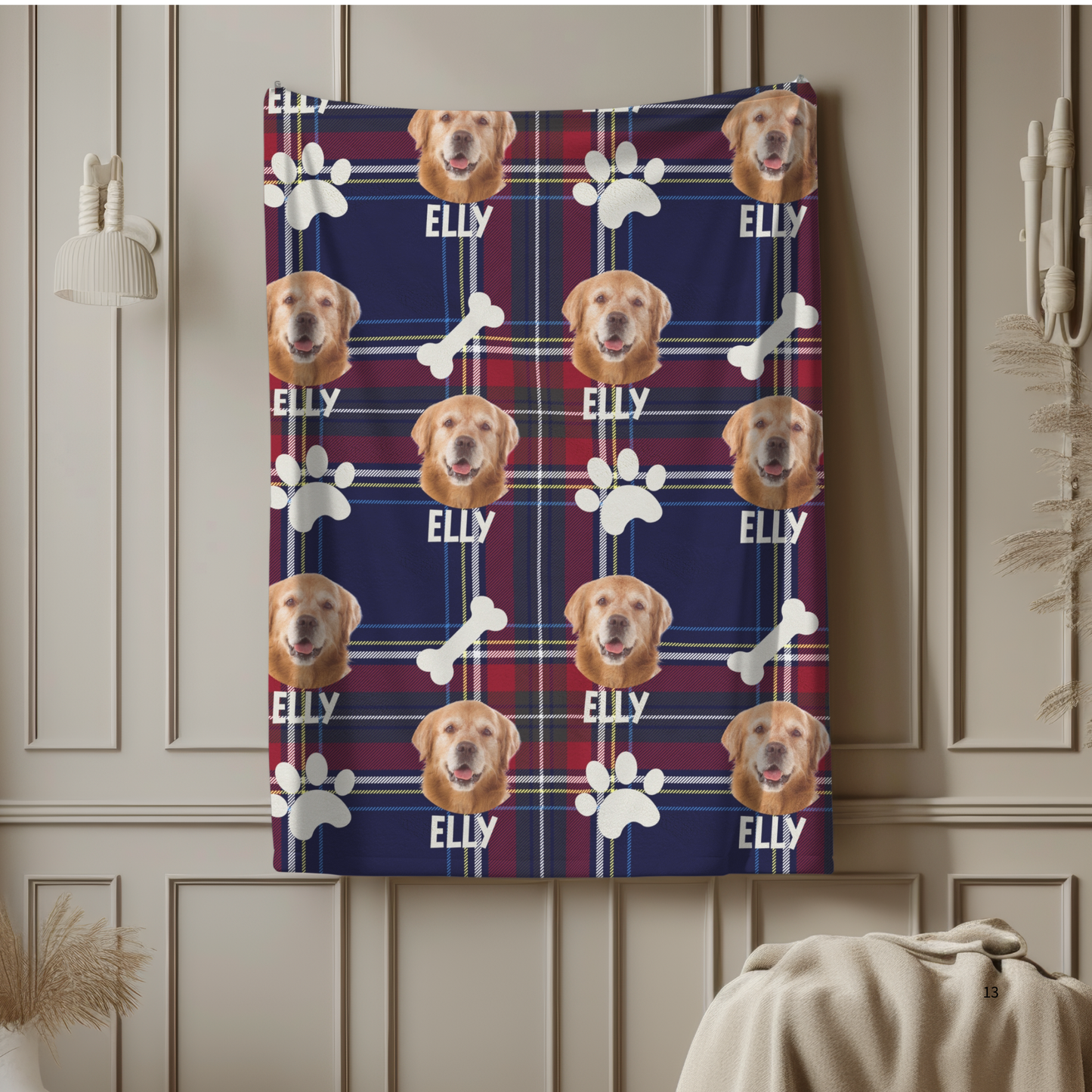 Custom Pet Photo Name Blue & Red Checked Velveteen Plush Blanket - furevermama