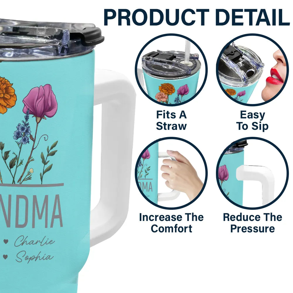 Birth Flowers Personalized 40oz Tumbler With Straw - Gift For Nana Grandma Mommy - furevermama