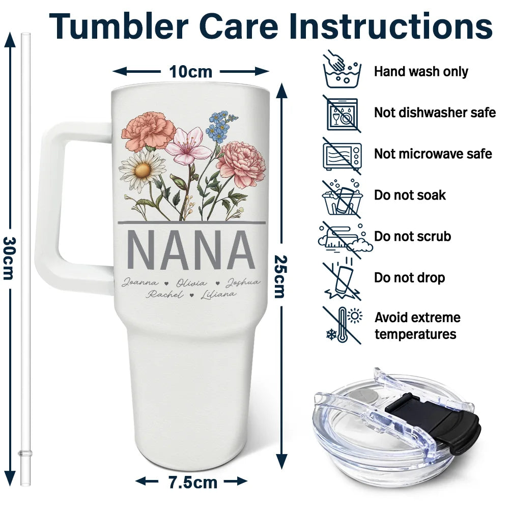 Birth Flowers Personalized 40oz Tumbler With Straw - Gift For Nana Grandma Mommy - furevermama