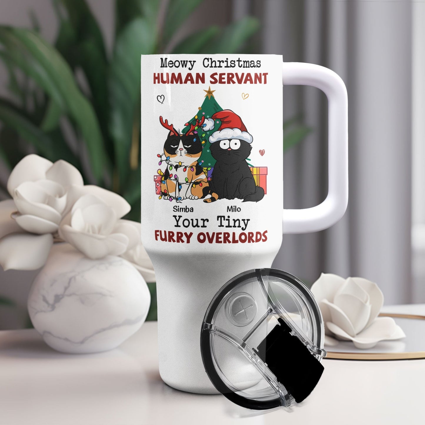 Personalized 40oz Tumbler With Straw- Meowy Christmas, Human Servant - furevermama