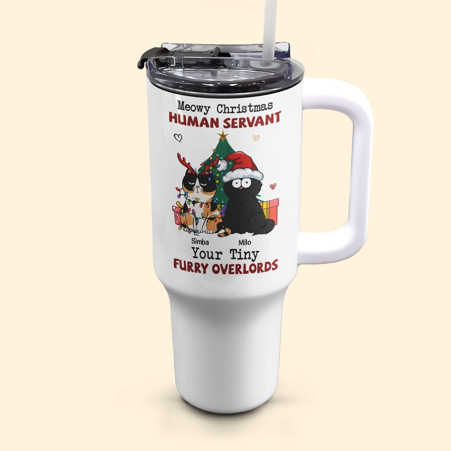 Personalized 40oz Tumbler With Straw- Meowy Christmas, Human Servant - furevermama