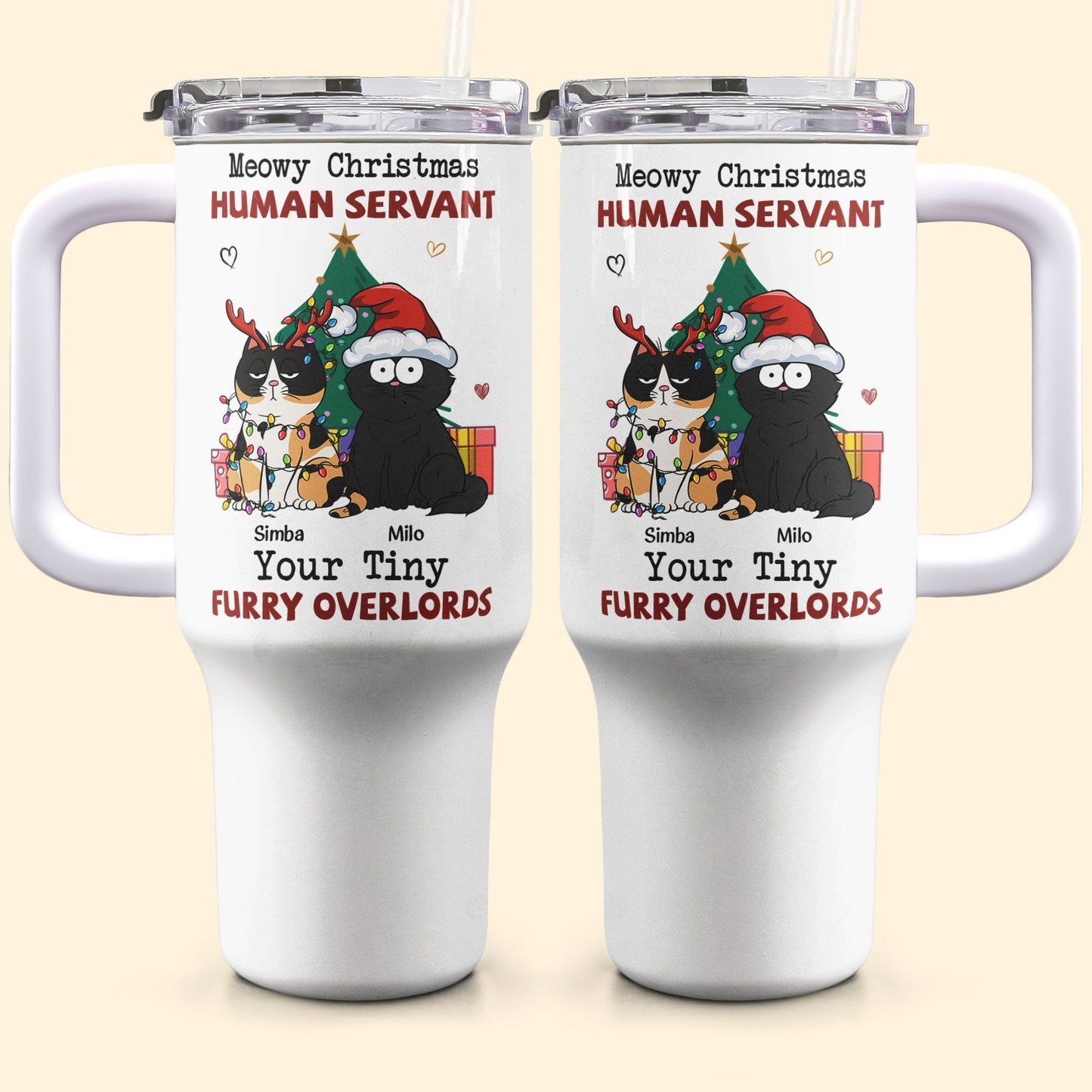 Personalized 40oz Tumbler With Straw- Meowy Christmas, Human Servant - furevermama