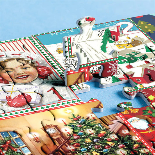 Christmas-themed puzzle with various scenes and characters on a blue background