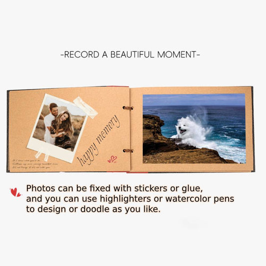 Open photo album with a couple and ocean scene, text encourages recording moments with photos and decorations.