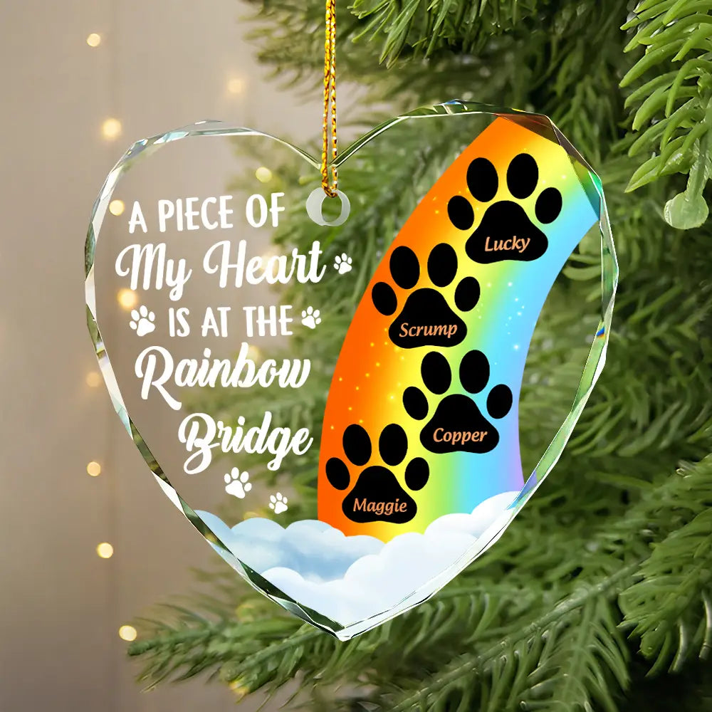 A Piece Of My Heart Is At The Rainbow Bridge Memorial Dog Cat - Personalized Heart Shaped Glass Ornament - furevermama