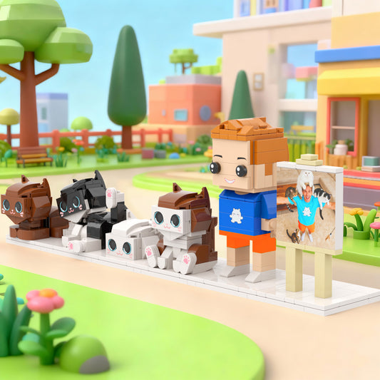 Custom Brick Figures with Frame (Male and 4 Cats)