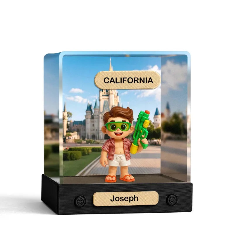 Figurine named 'Joseph' with a toy gun in front of a castle and 'California' sign