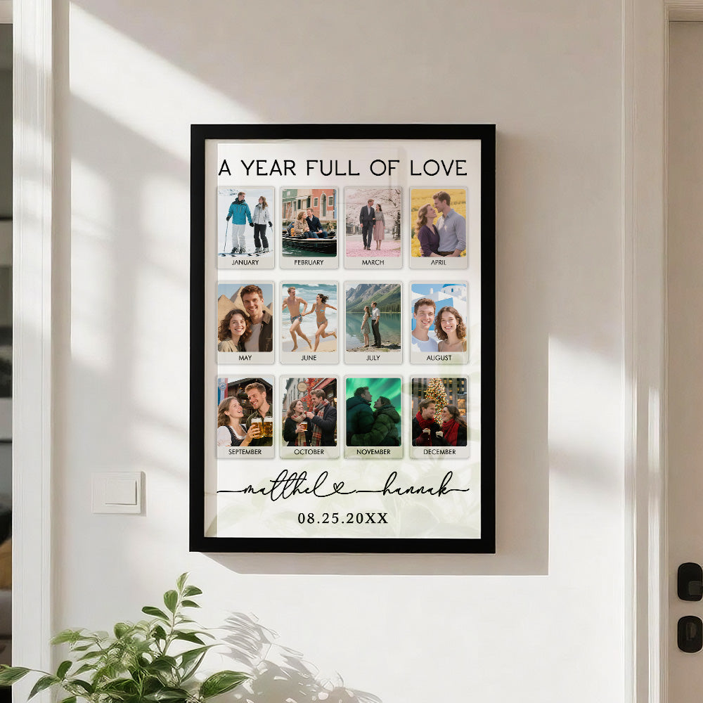 Framed photo collage titled 'A Year Full of Love' on a wall.