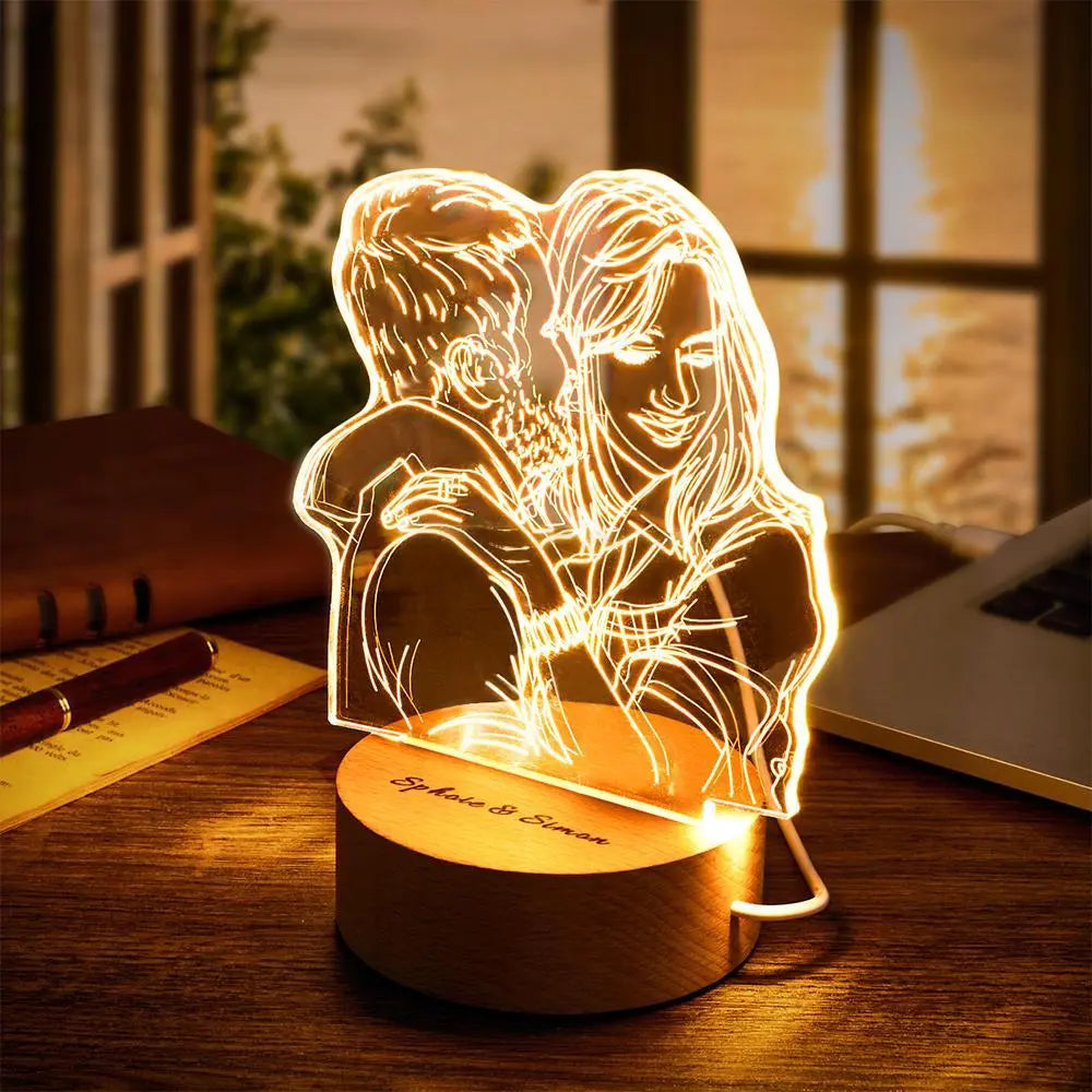 Custom Line Drawing Image LED Night Lights With Wood Base - furevermama