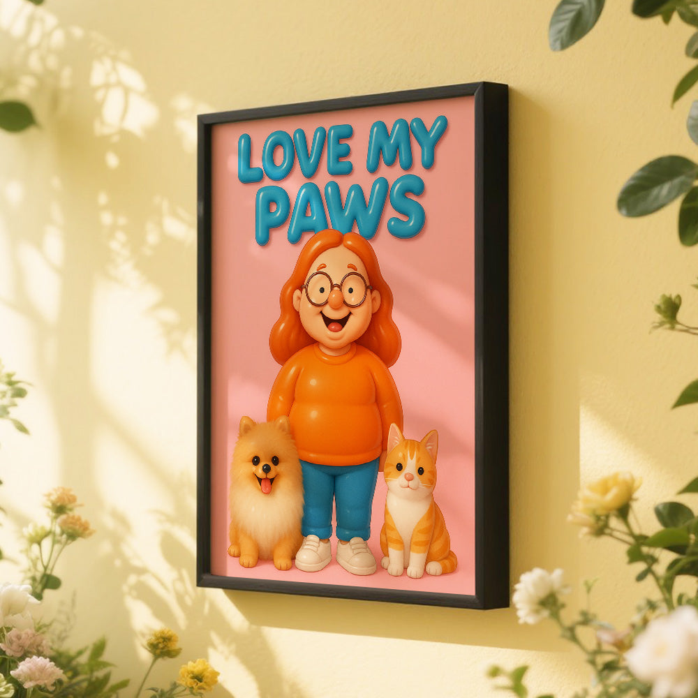 Framed artwork with a cartoon character and two dogs on a pink background, featuring the text 'Love My Paws'.