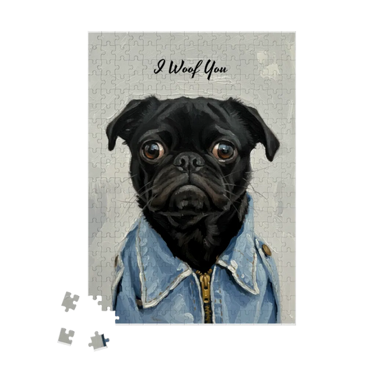 Jigsaw puzzle with a black dog wearing a denim jacket and 'I Woof You' text on a gray background