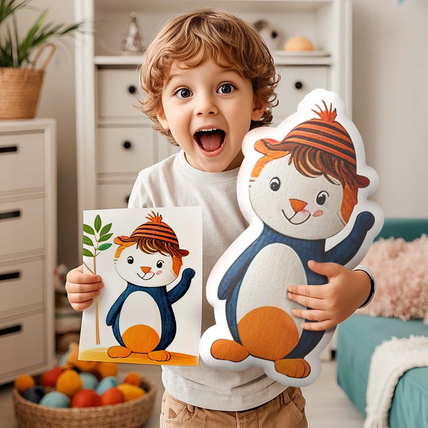 Child holding a plush toy and a matching card with a cartoon character in a room.