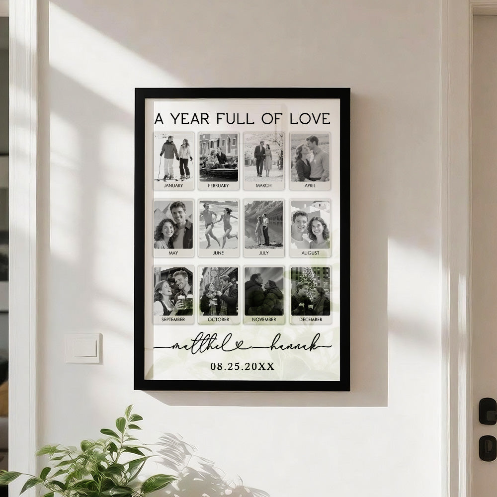 Framed photo collage titled 'A Year Full of Love' on a wall.