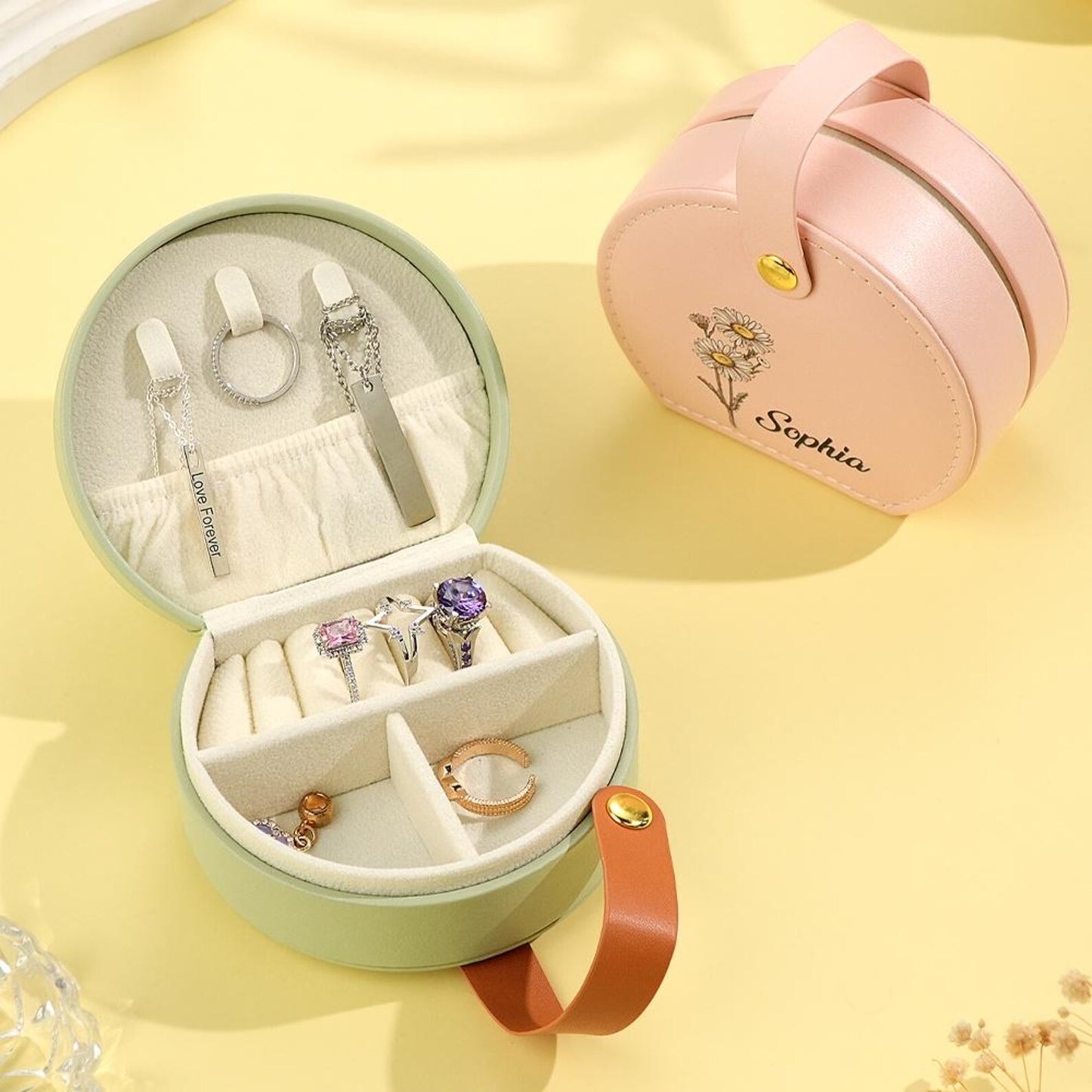 Personalized Birth Flower High-Quality Leather Jewelry Box with Name Gift for Her