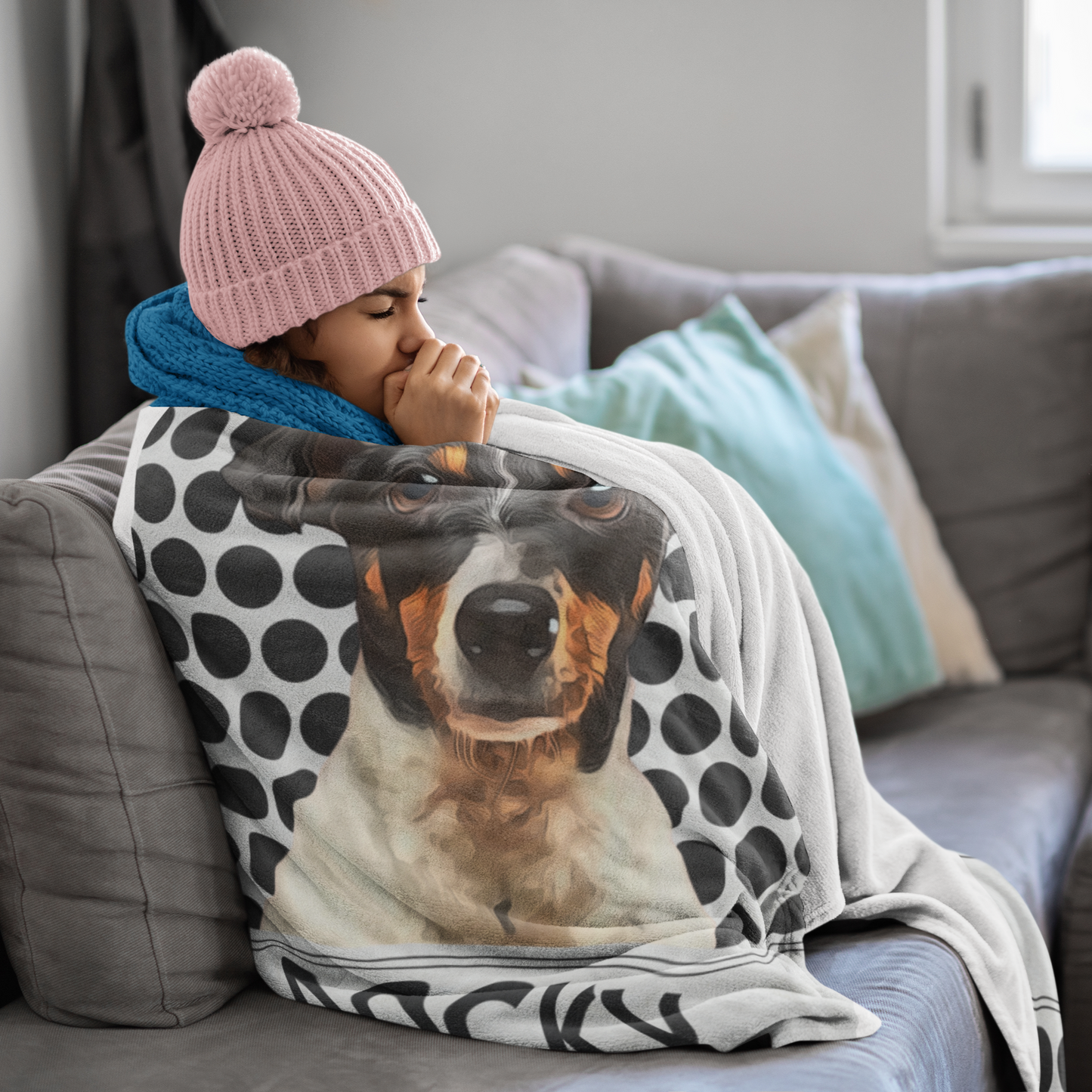 Custom Pet Photo Portrait Velveteen Plush Blanket, Black and White Dot Blanket - furevermama