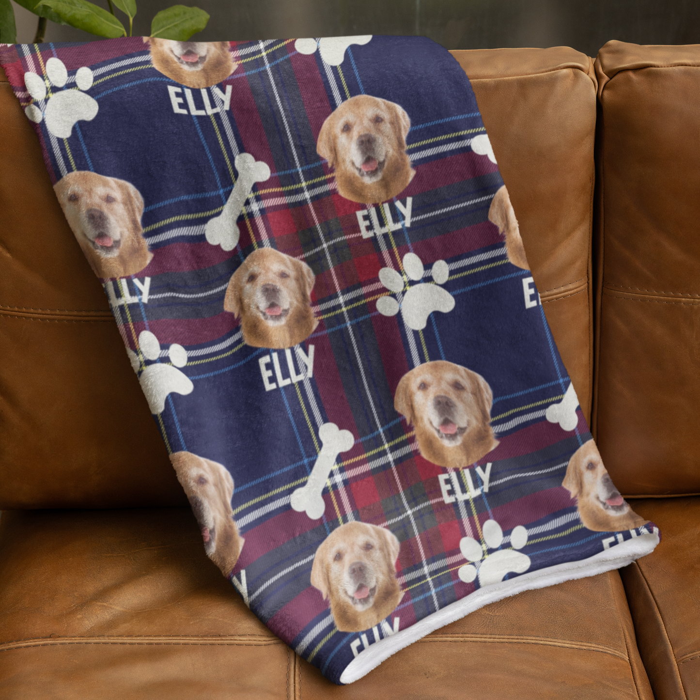 Custom Pet Photo Name Blue & Red Checked Velveteen Plush Blanket - furevermama