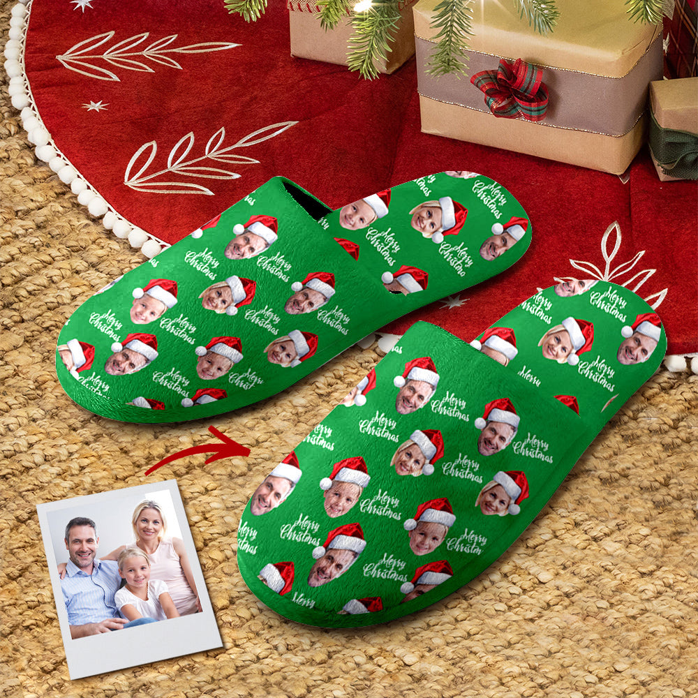 Green Christmas-themed slippers with personalized face prints on a carpeted floor.