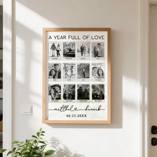 Framed collage of photos with 'A Year Full of Love' text on a wall.