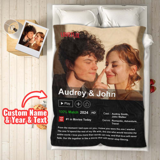 Personalized duvet cover with a couple's photo and text on a wooden floor.