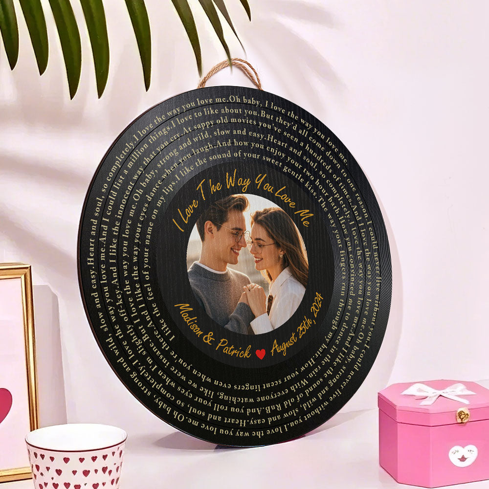 Vinyl Record Round Wood Sign - Personalized Photo & Lyrics - Gift For Music Lovers