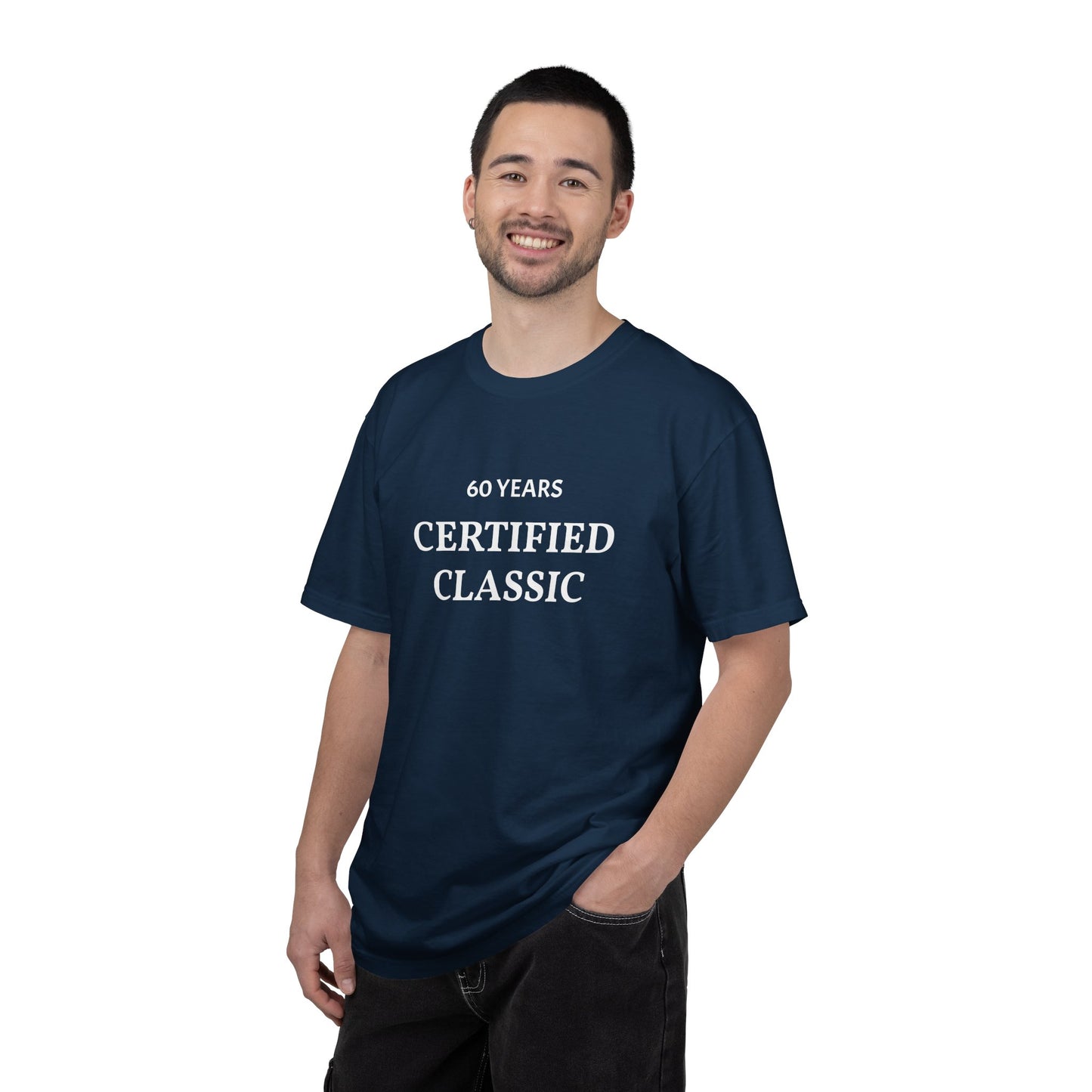 Man wearing a navy blue t-shirt with '60 Years Certified Classic' text on a white background