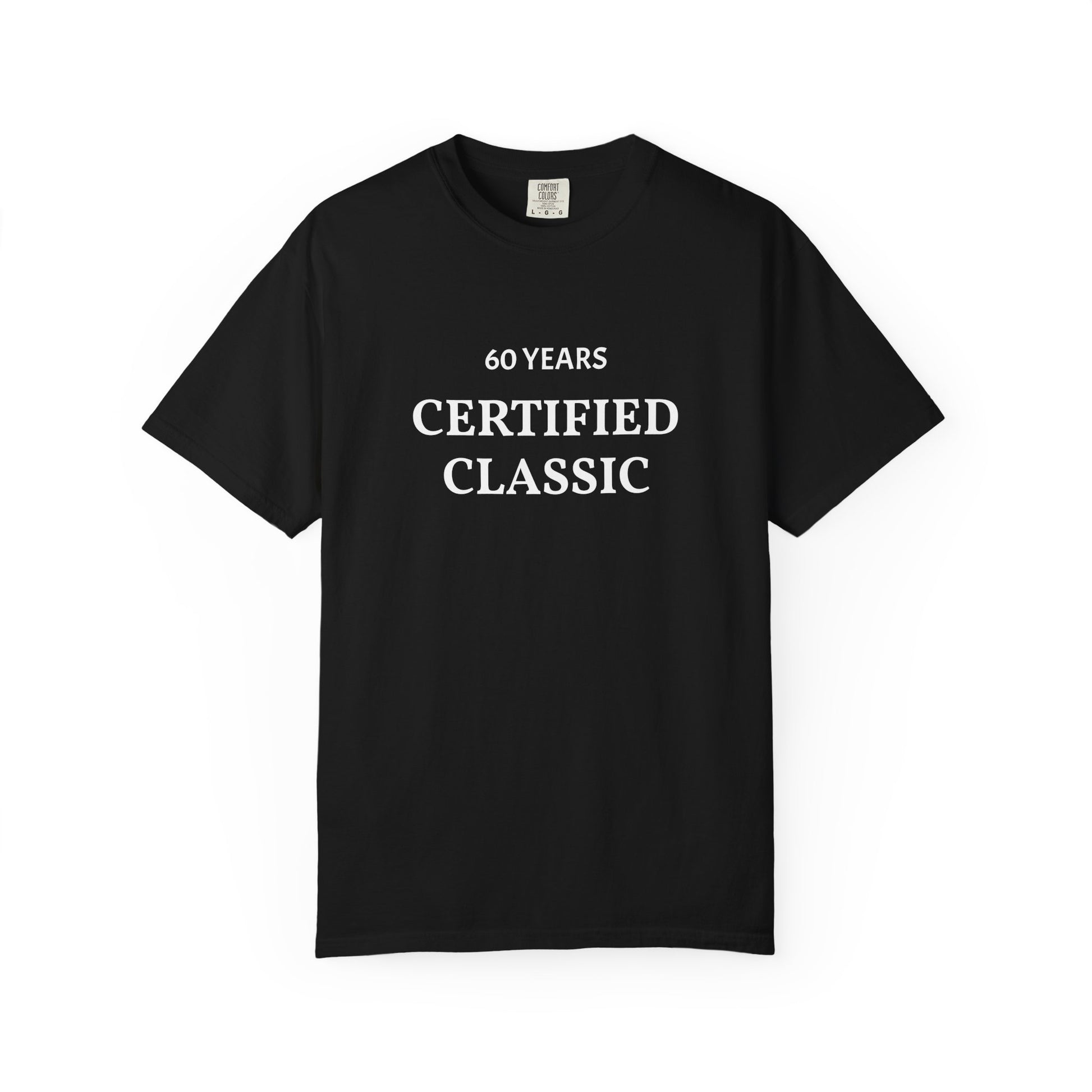 Black t-shirt with '60 Years Certified Classic' text on a white background