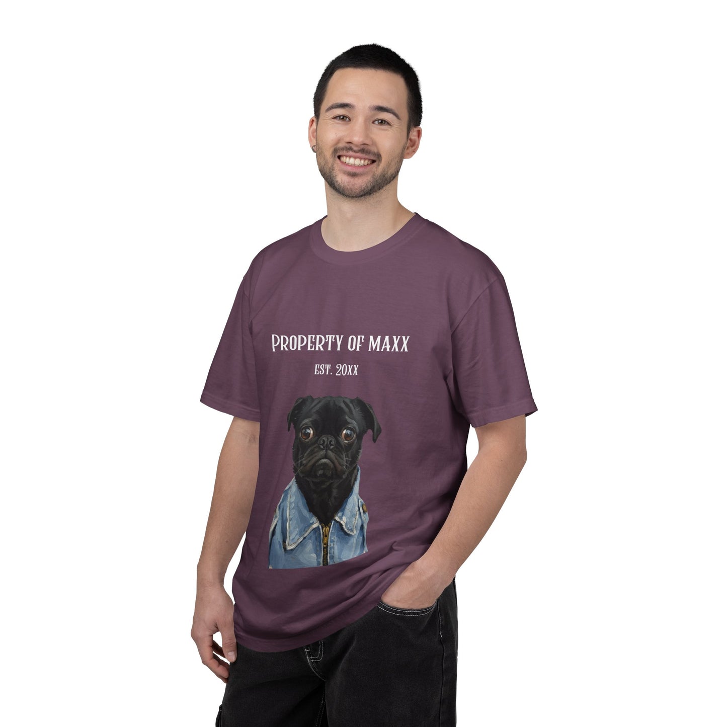 Man wearing a purple t-shirt with a dog graphic and text on a white background