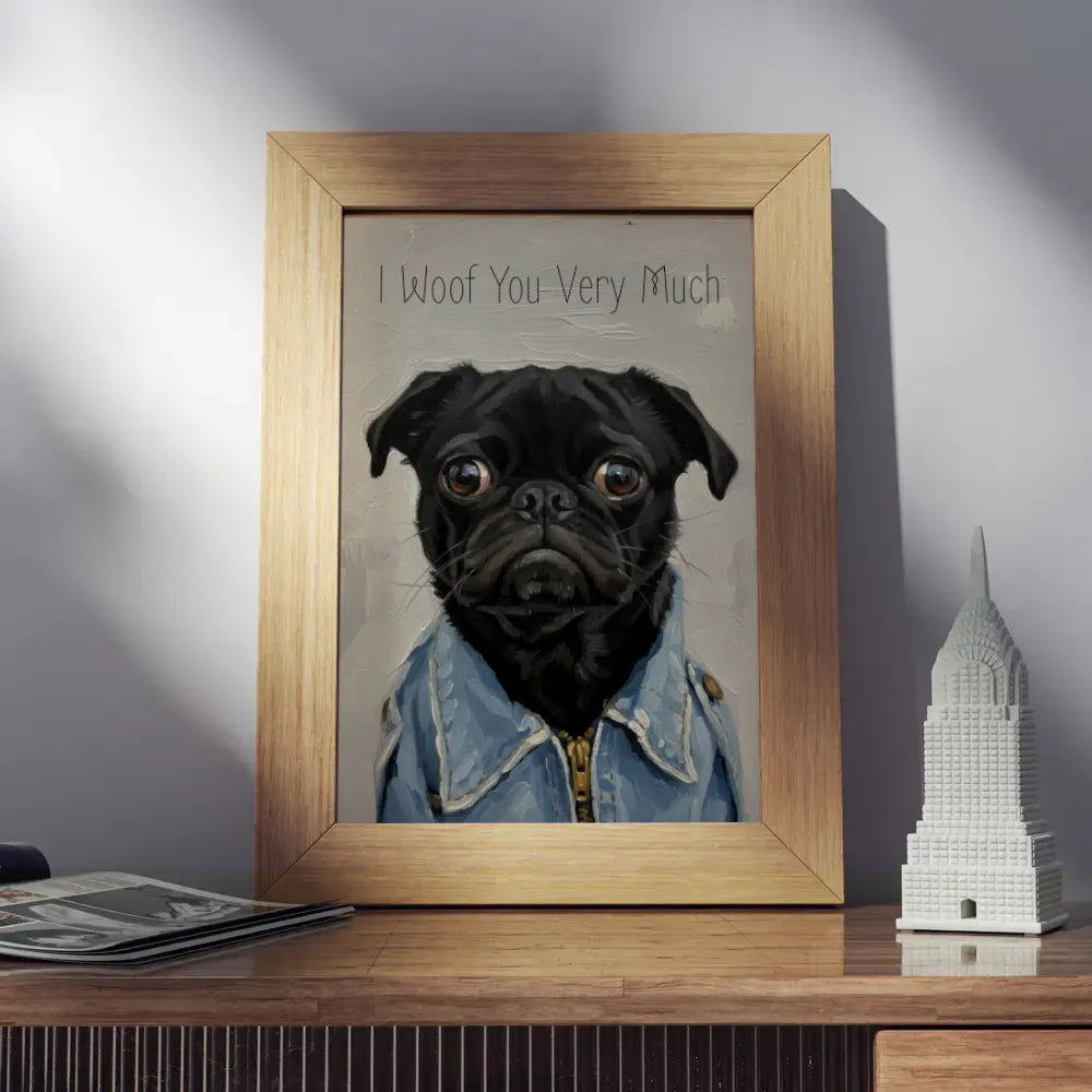 Framed artwork of a black dog wearing a denim jacket with 'I Woof You Very Much' text, on a wooden surface.