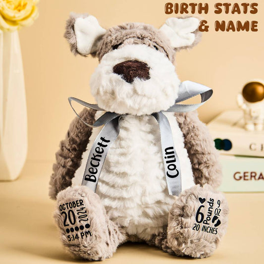 Plush dog toy with name tags and birth stats on a beige background