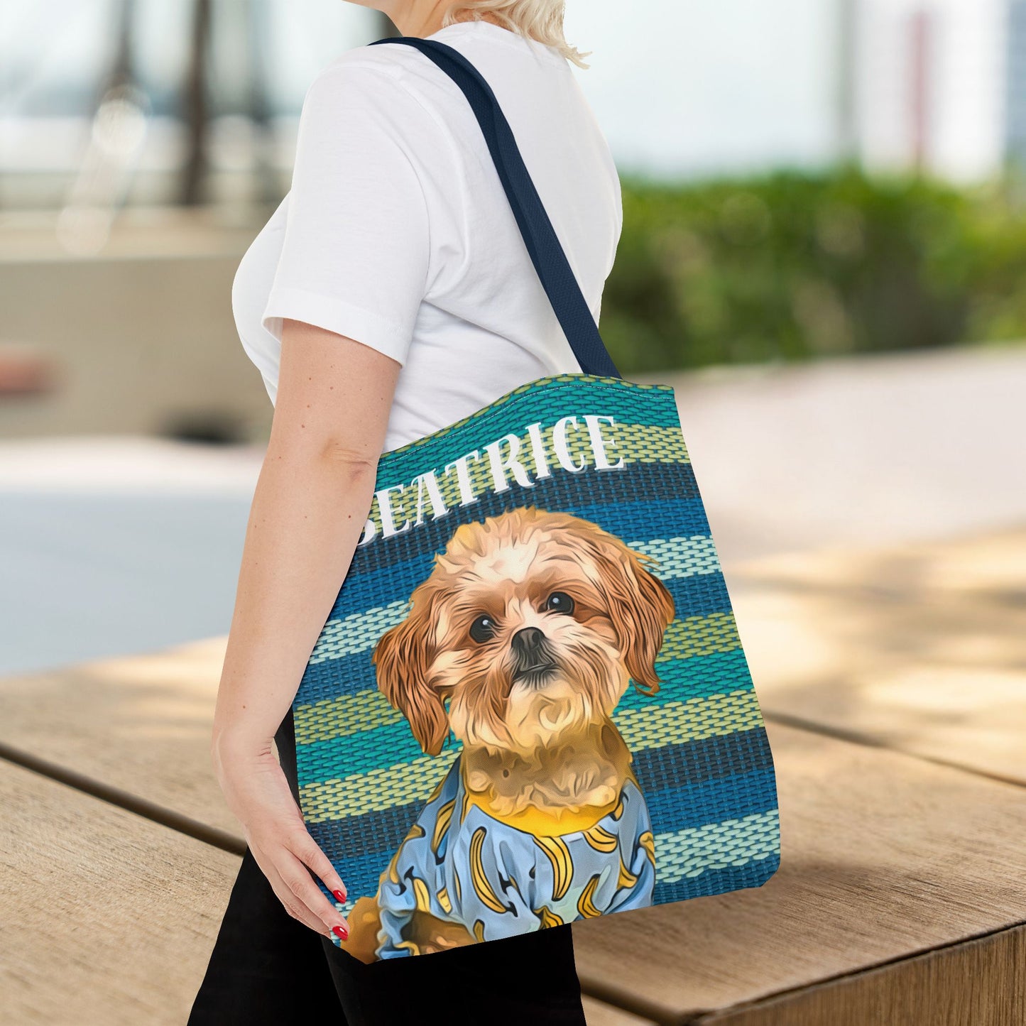 Custom Pet Portrait Tote Bag (Green Stripes Style) - furevermama