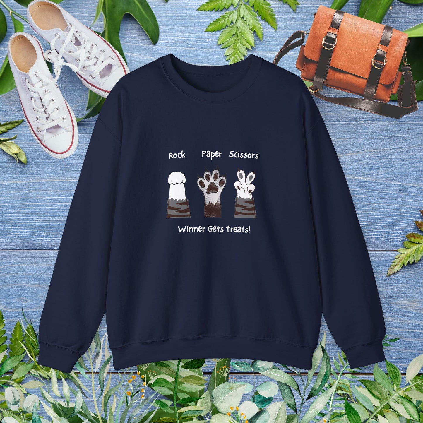 Crewneck Sweatshirt with Paw Graphics 'Paper, Rock, and Scissors' - furevermama