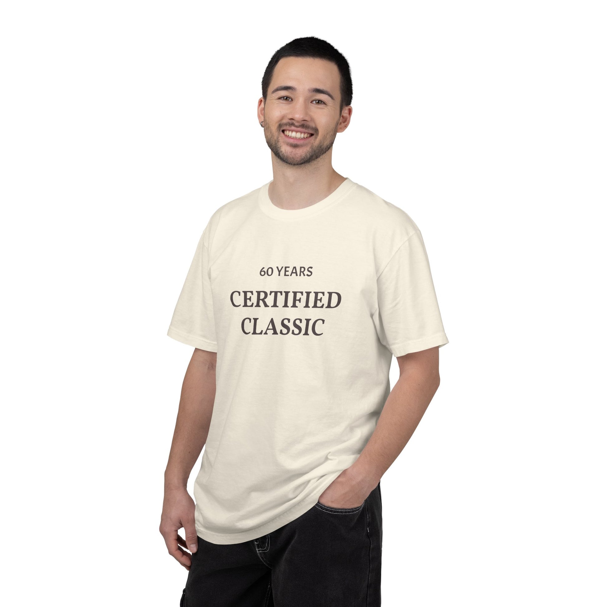 Man wearing a cream t-shirt with '60 Years Certified Classic' text on a white background