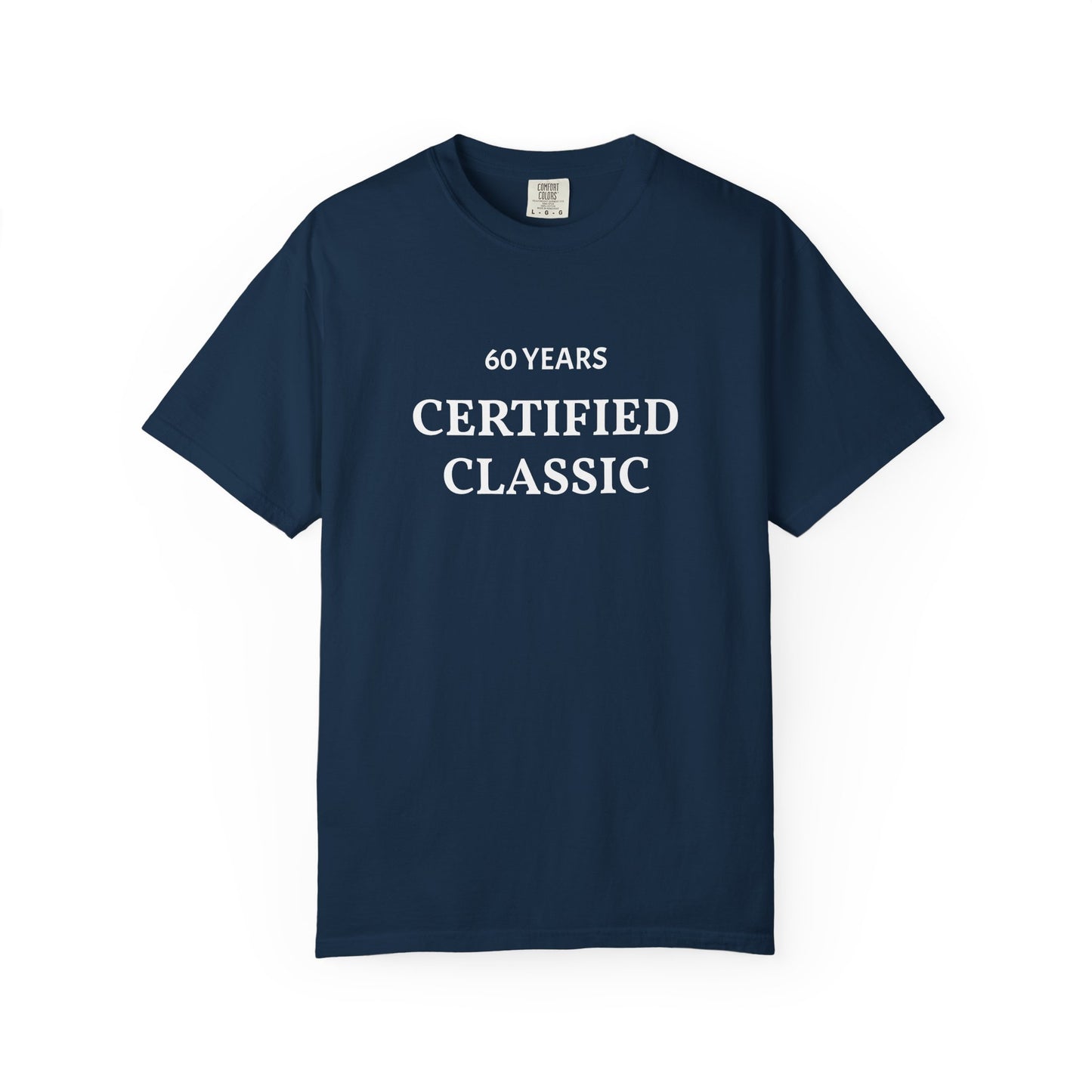 Navy blue t-shirt with '60 Years Certified Classic' text on a white background